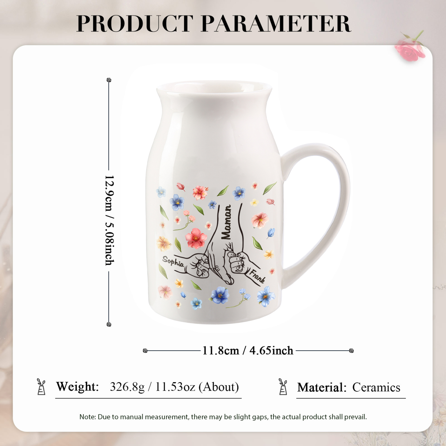 Vase à Fleurs la main dans la main 3 Prénoms Personnalisés Décoration de la Maison