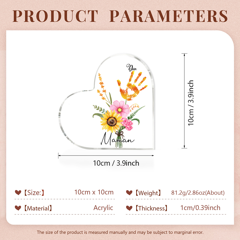 À ma Maman - Plaque Acrylique en Forme de Cœur fleurs 1 Prénom Personnalisé