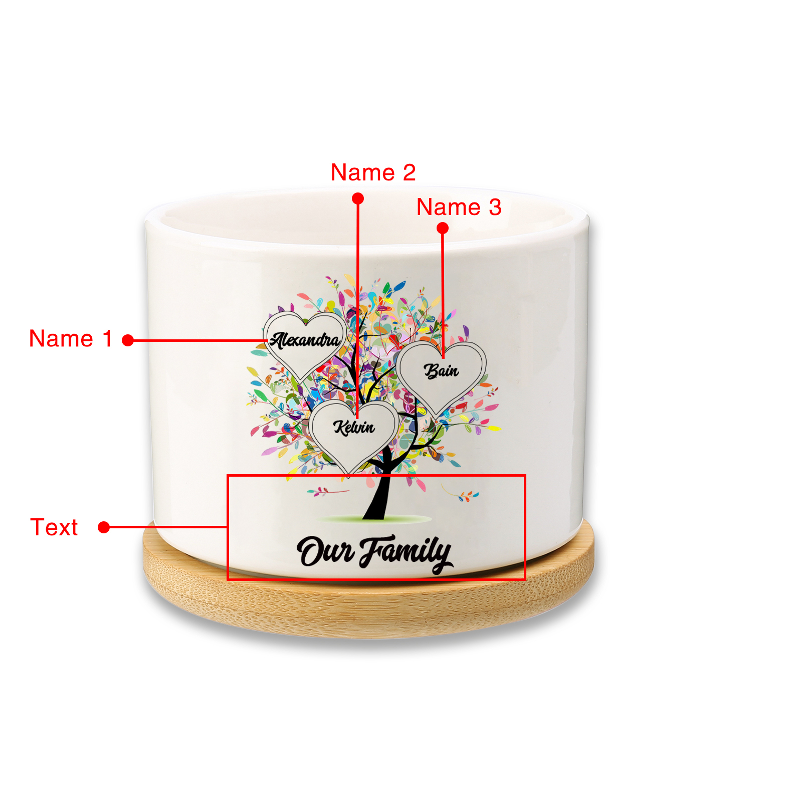 Vase/Pot de Fleurs Arbre 3 Prénoms Personnalisés avec Texte Décoration de la Maison (sans plantes)
