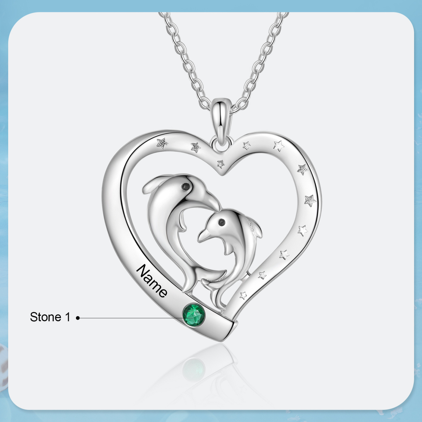 Collier Pendentif Cœur et Dauphin 1 Prénom Personnalisé avec 1 Pierre de Naissance