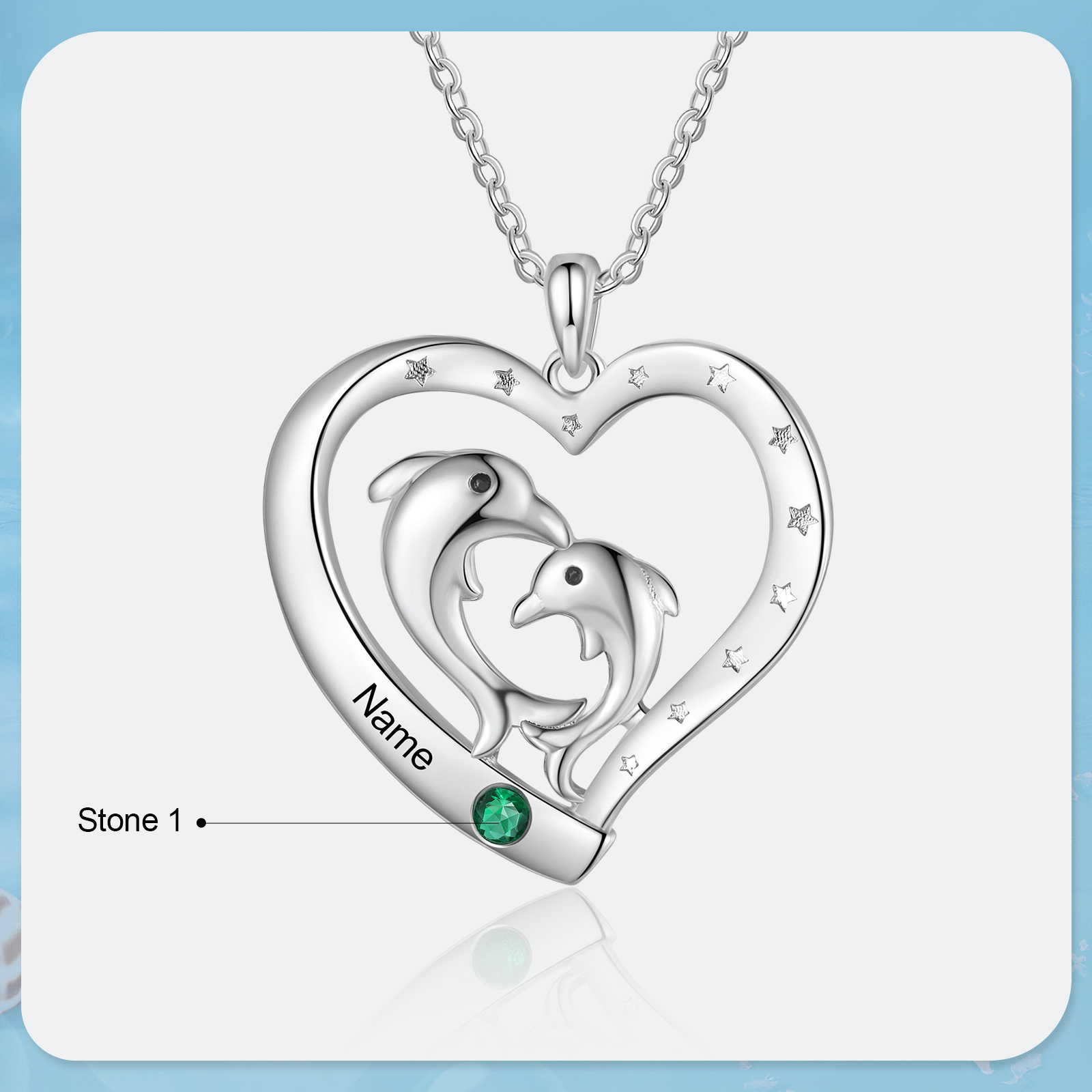 Collier Pendentif Cœur et Dauphin 1 Prénom Personnalisé avec 1 Pierre de Naissance