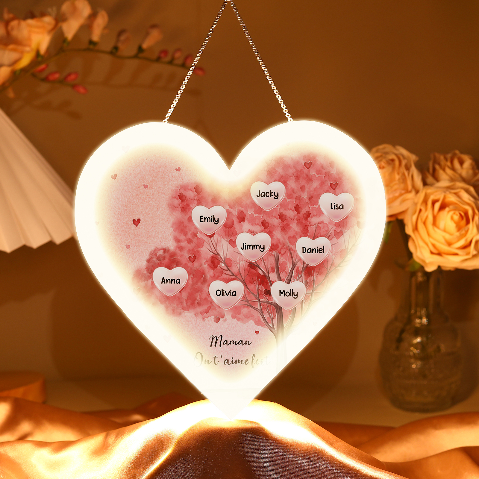 À Maman/Mamie - Veilleuse Cœur Arbre Décoration 8 Prénoms Personnalisés avec 1 Texte