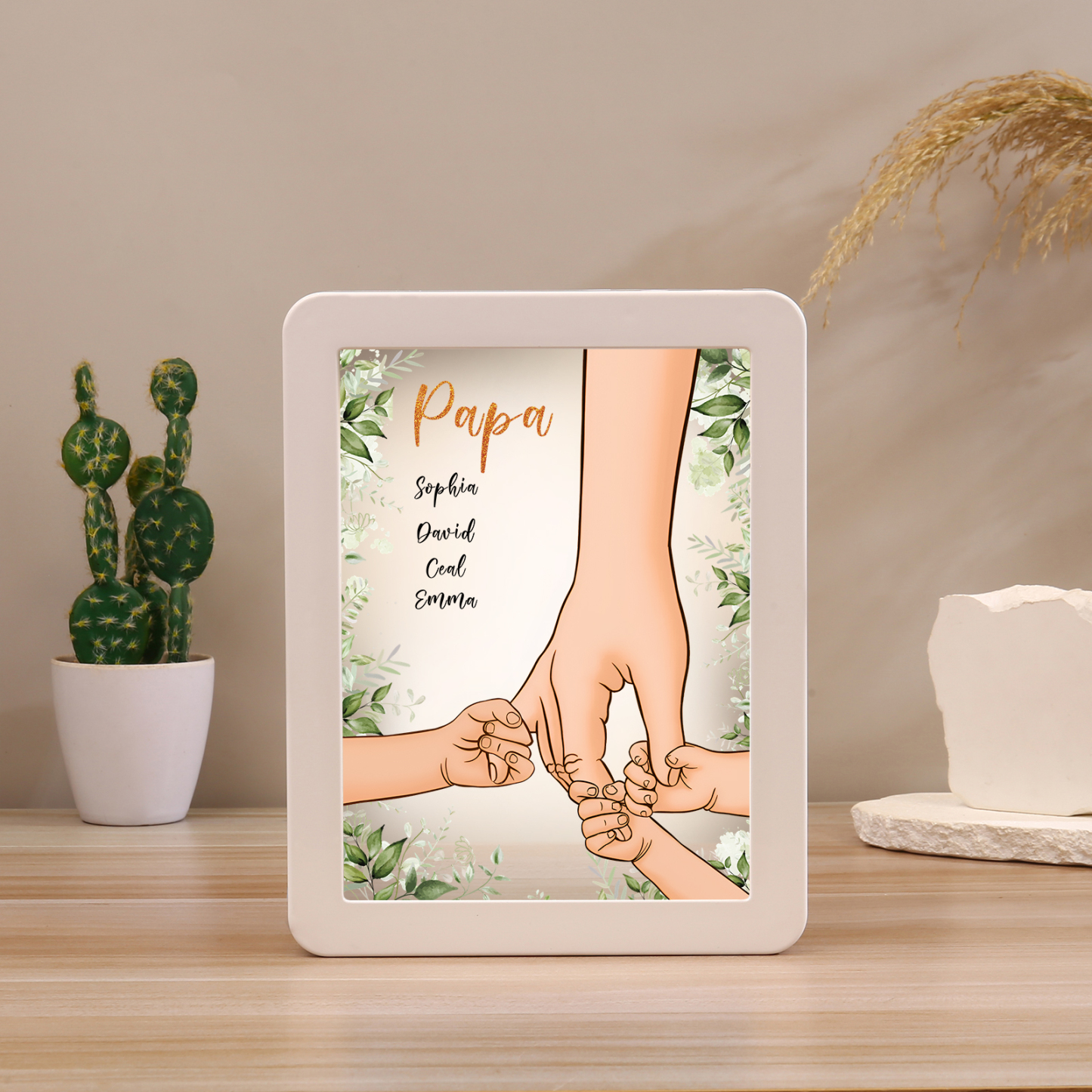Lampe LED/Cadre Photo/Miroir multifonctionnel la main dans la main 4 Prénoms et 1 Tetxe Personnalisés Cadeau Créatif pour Famille