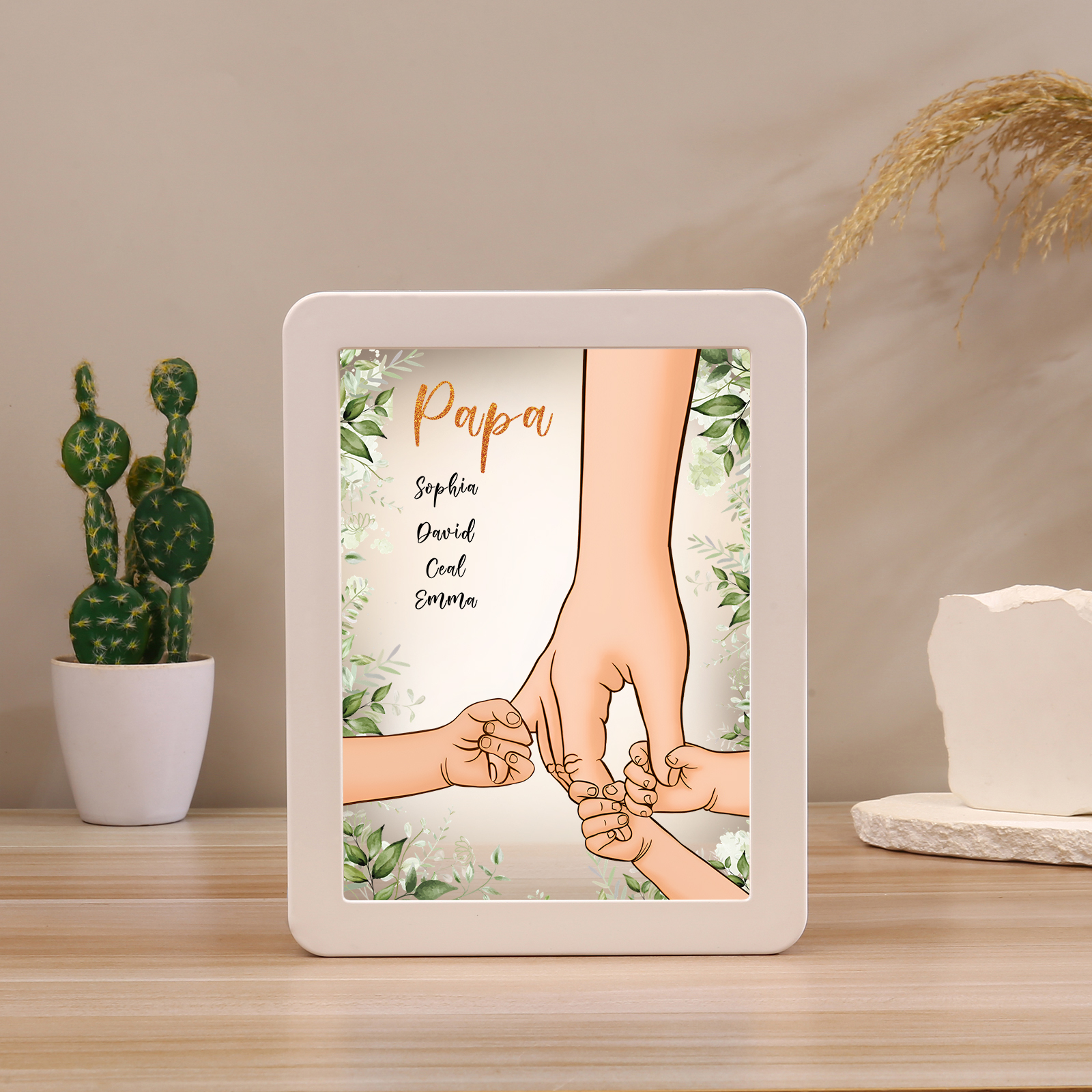 Lampe LED/Cadre Photo/Miroir multifonctionnel la main dans la main 4 Prénoms et 1 Tetxe Personnalisés Cadeau Créatif pour Famille