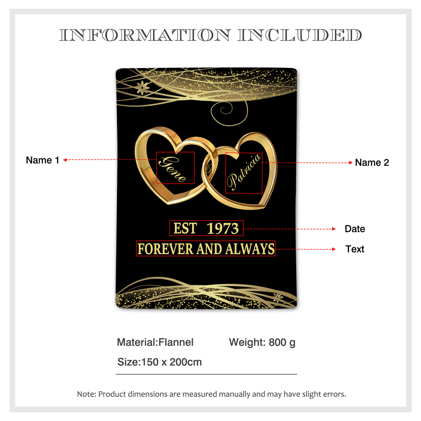 Plaid Personnalisé avec 2 Prénoms et Date et Texte Couverture Coeur en Flanelle pour Couple | Jessemade