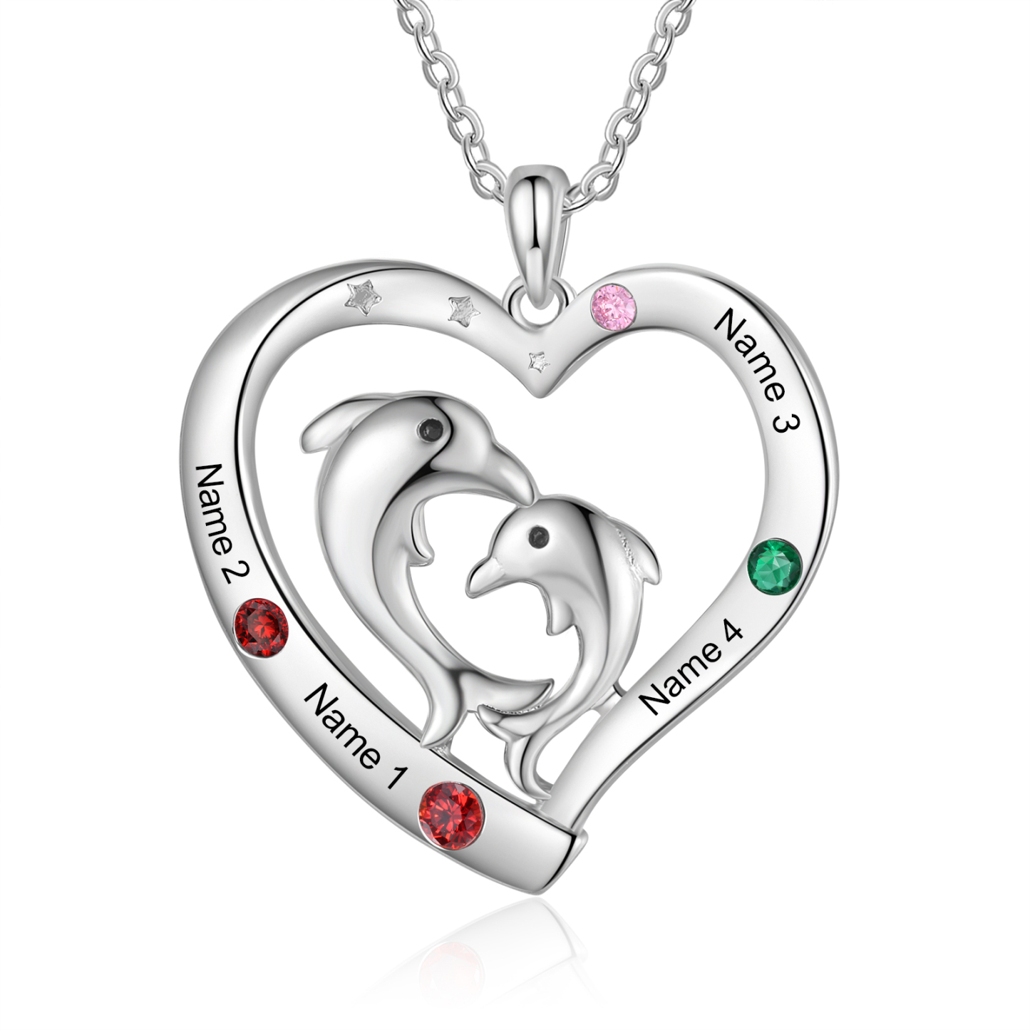Collier Pendentif Cœur et Dauphin 4 Prénoms Personnalisés avec 4 Pierres de Naissance