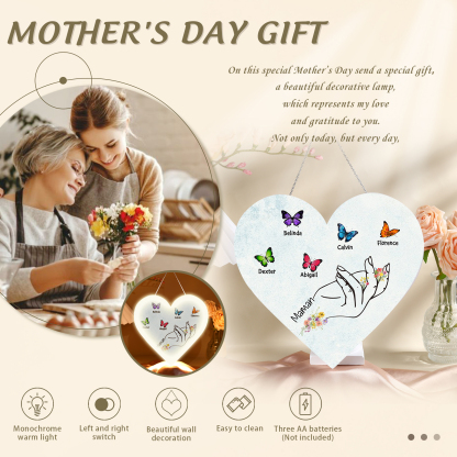 À Maman/Mamie - Veilleuse Cœur Décoration Main et Papillon 5 Prénoms Personnalisés avec 1 Texte