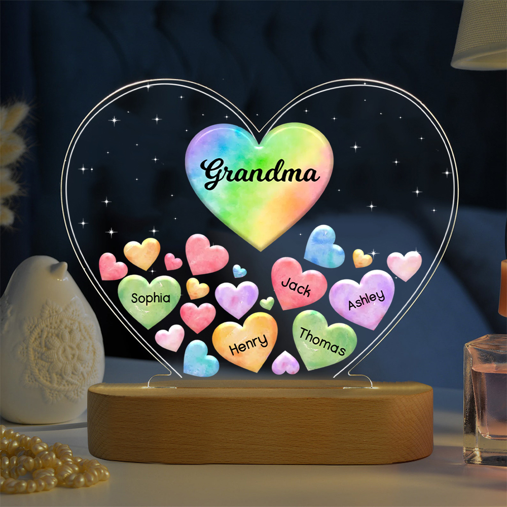À Maman/Mamie - Lampe de chevet LED Cœurs 5 Prénoms Personnalisés avec 1 Texte