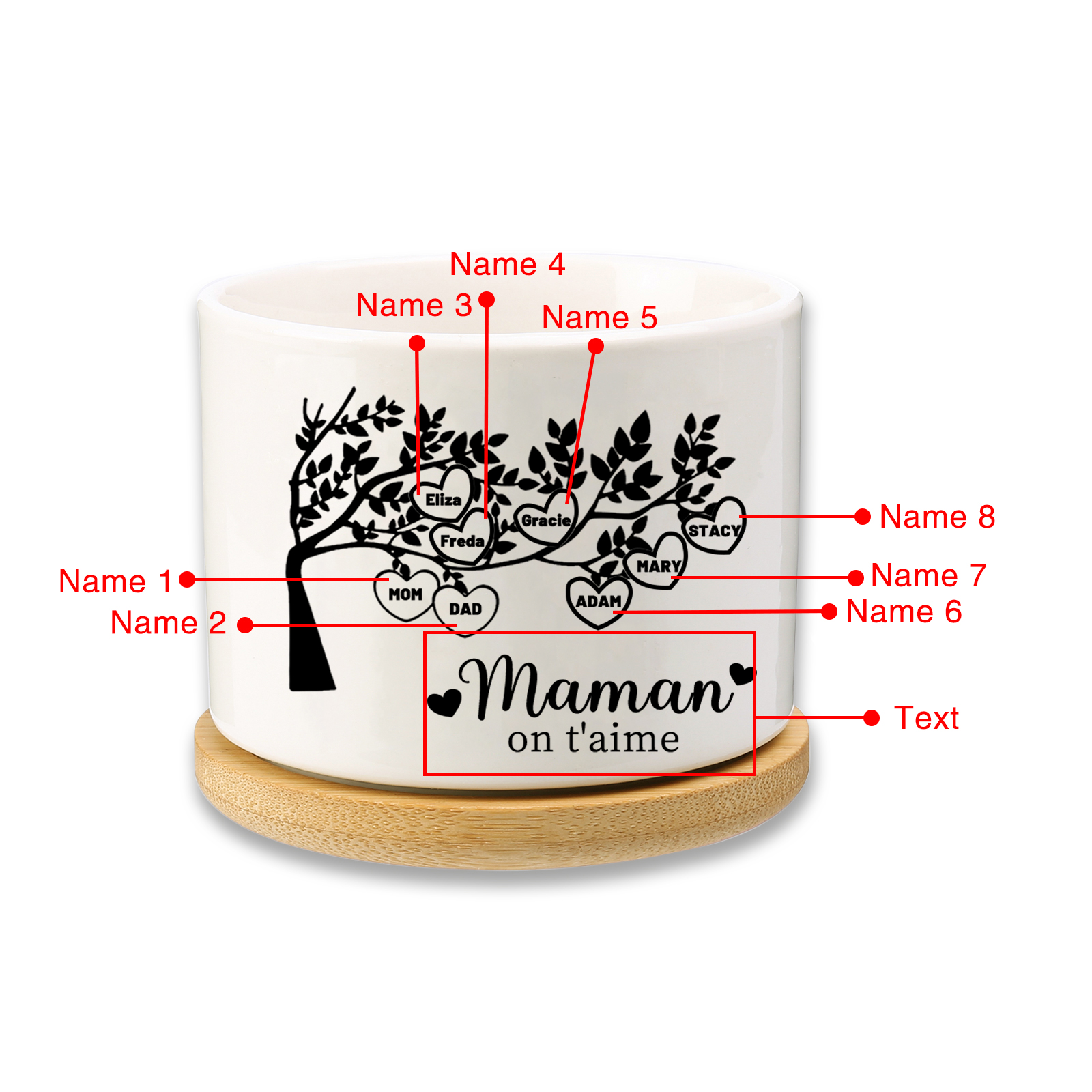 Vase/Pot de Fleurs Arbre de vie 8 Prénoms Personnalisés avec Texte Décoration de la Maison (sans plantes)