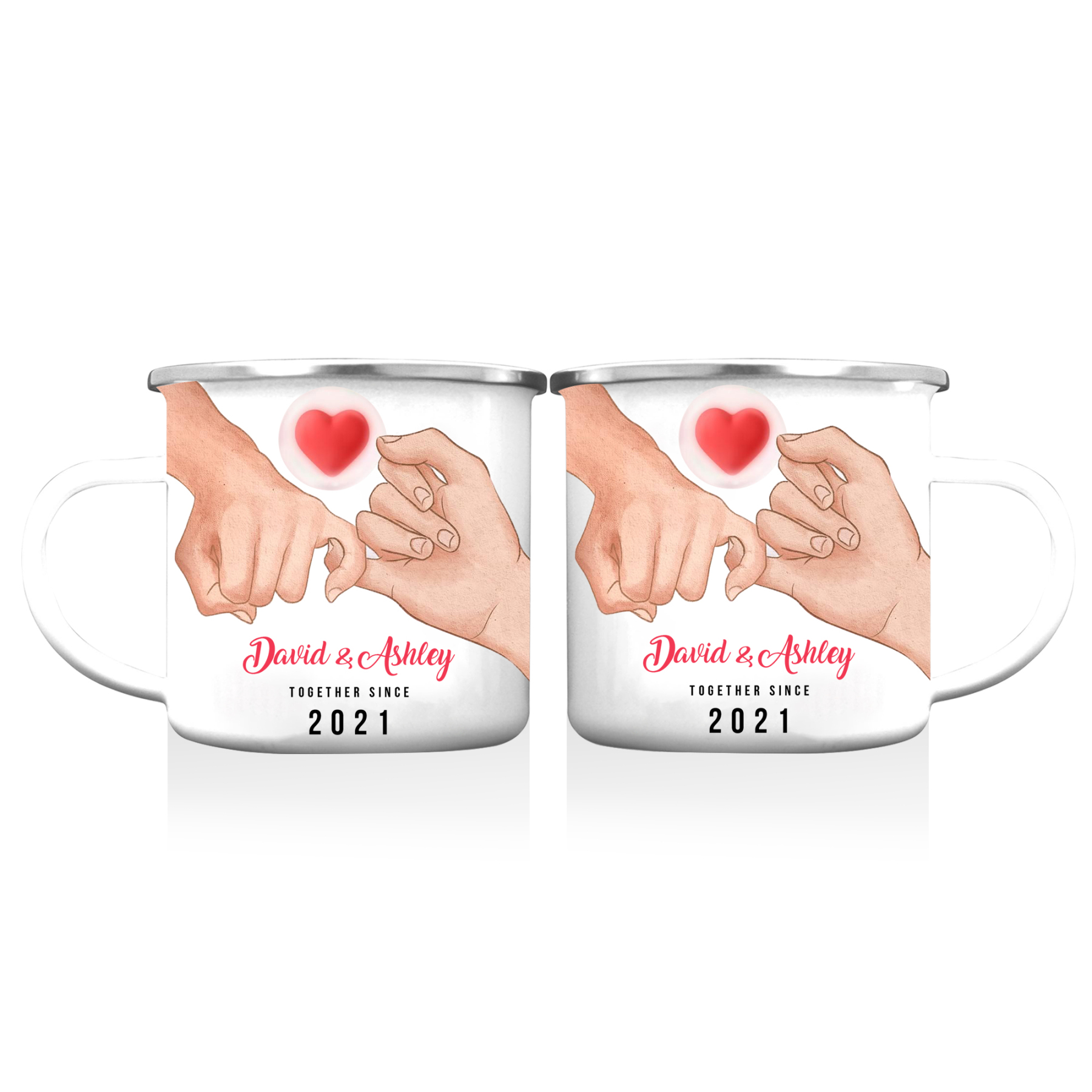 Tasse émaillée 2 Prénoms Personnalisés avec Texte et Année pour Couple promesse du petit doigt