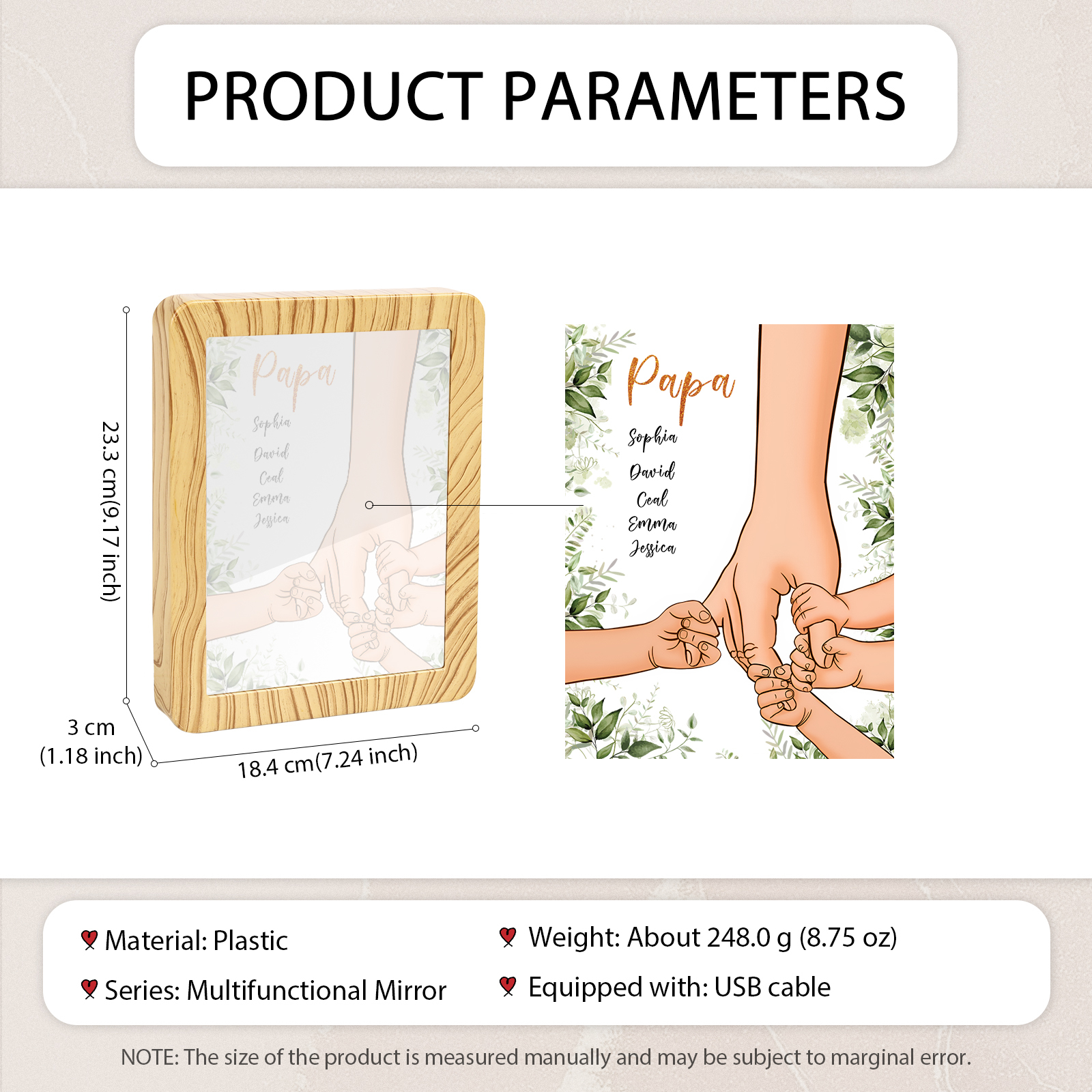 Lampe LED/Cadre Photo/Miroir multifonctionnel la main dans la main 5 Prénoms et 1 Tetxe Personnalisés Cadeau Créatif pour Famille