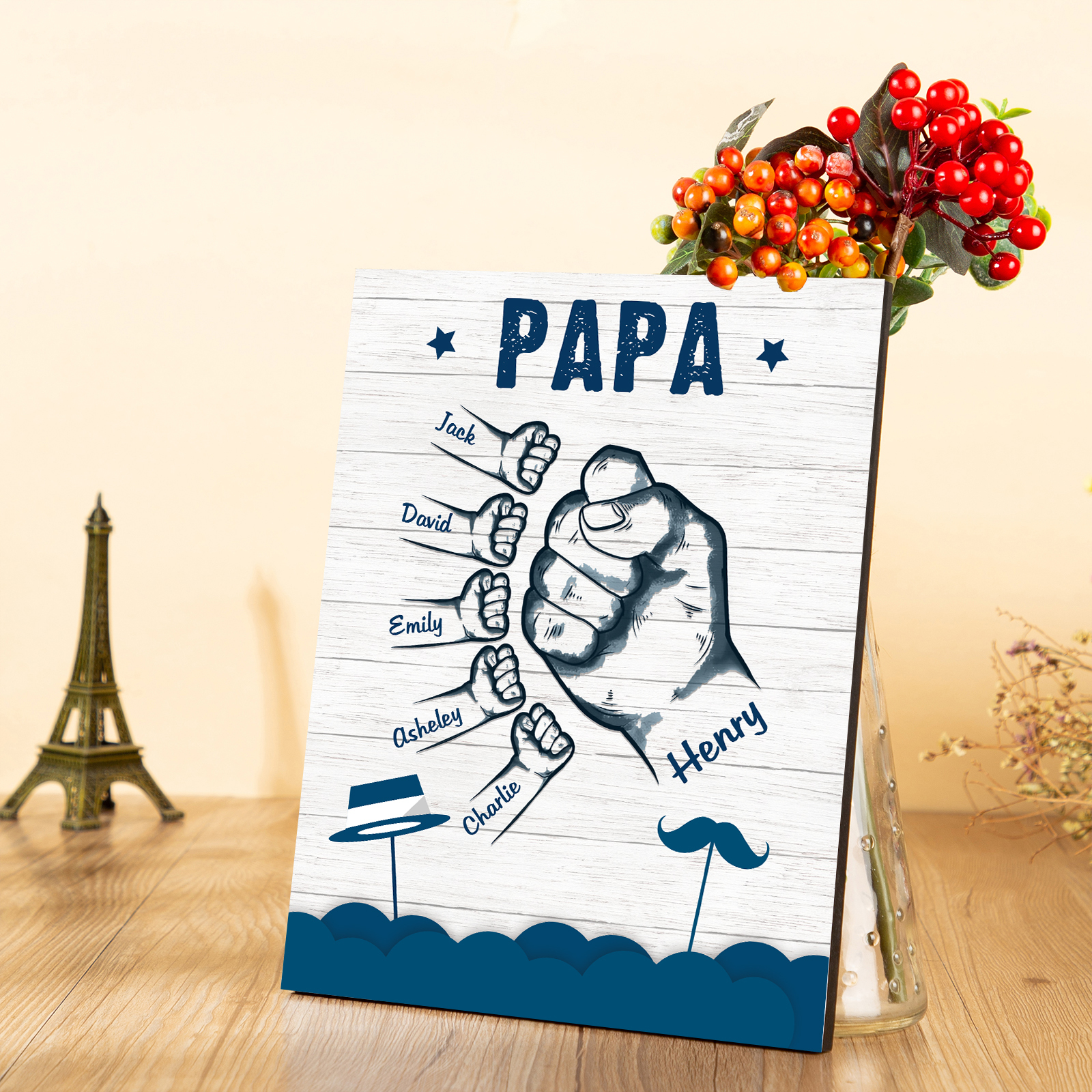 À Mon Papa/Papi-Cadre en Bois Poings 6 Prénoms Personnalisés avec Texte