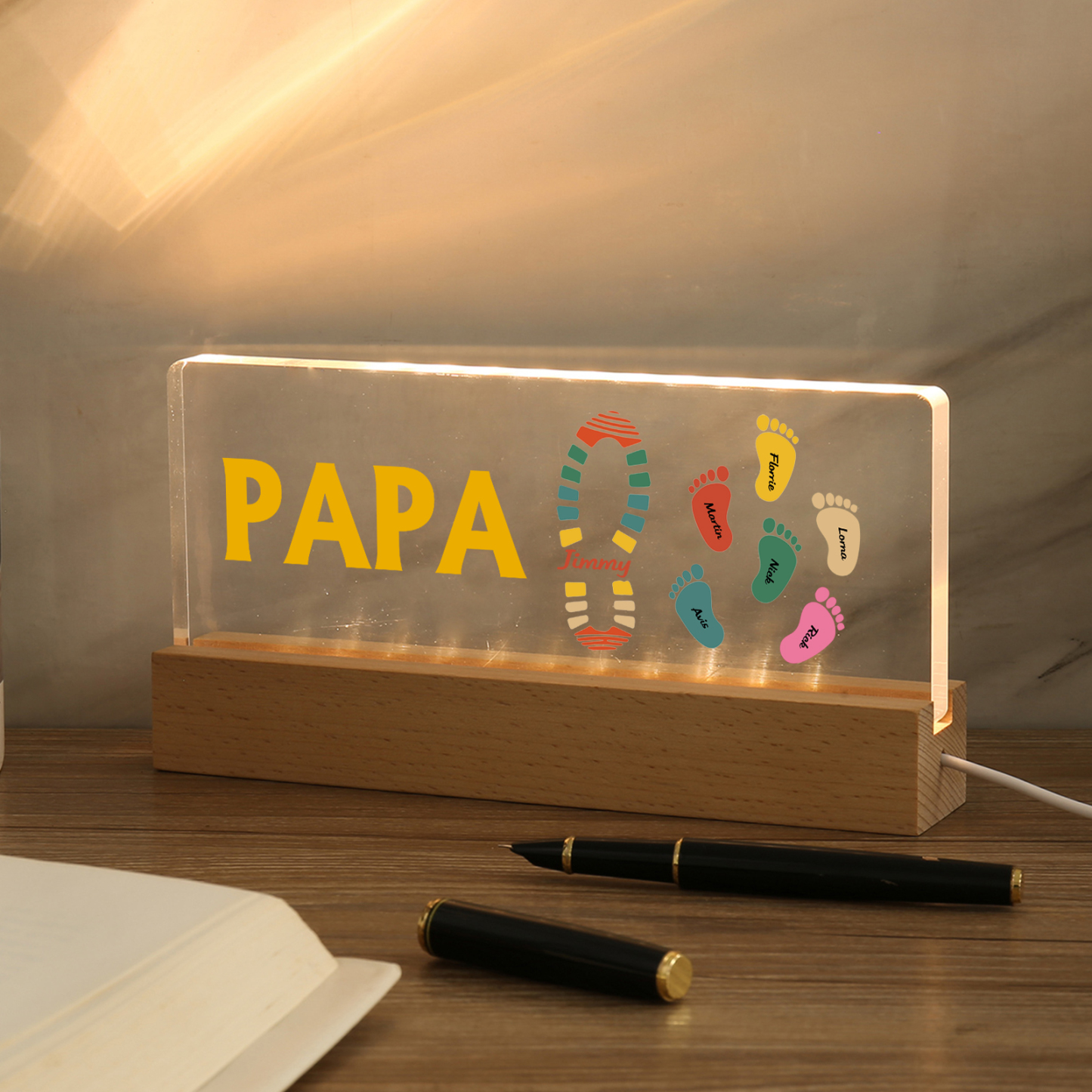 À mon Papa/Papi- Lampe de chevet LED Pieds Bébé 7 Prénoms Personnalisés avec Texte