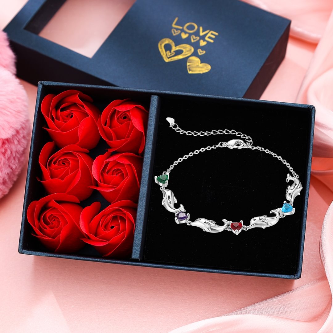 Bracelet dauphin 4 Prénoms Personnalisé avec 4 Pierres de Naissance