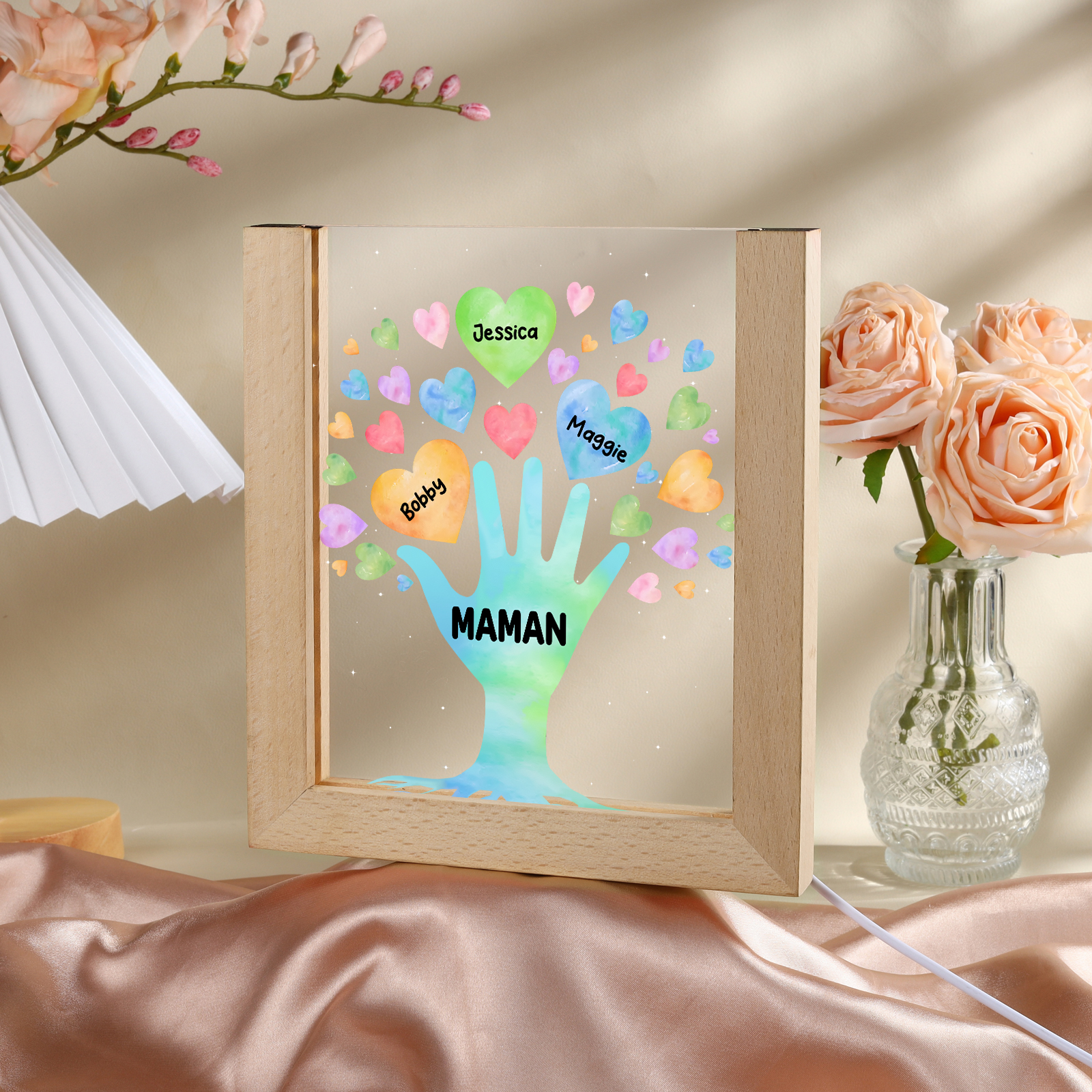 À Maman/Mamie - Lampe de chevet LED Main et Cœur 3 Prénoms Personnalisés avec 1 Texte