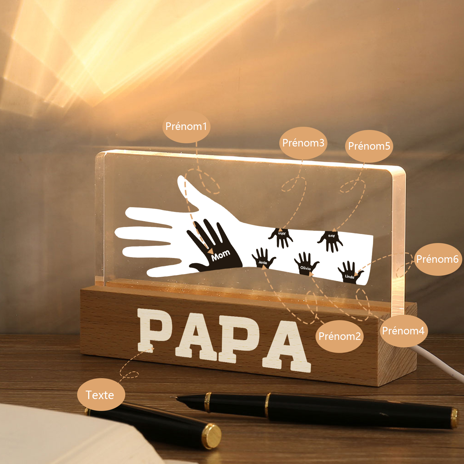 À Papa/Maman- Lampe de chevet LED Mains 6 Prénoms Personnalisés avec Texte pour Famille