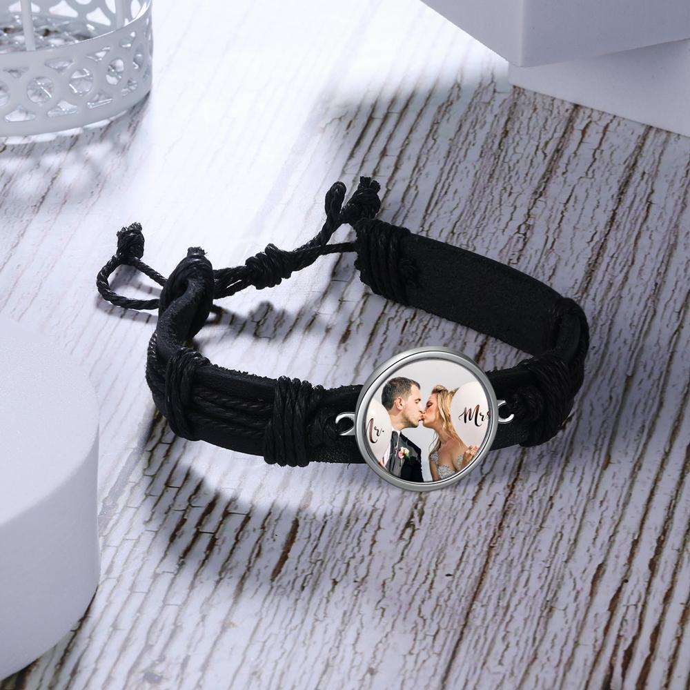 Bracelet Photo Personnalisée Cuir Tressé pour Couple Noeud Coulissant