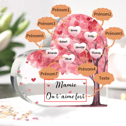 À ma Maman/Mamie - Plaque Acrylique Arbre en Forme de Cœur 7 Prénoms Personnalisés avec 1 Texte