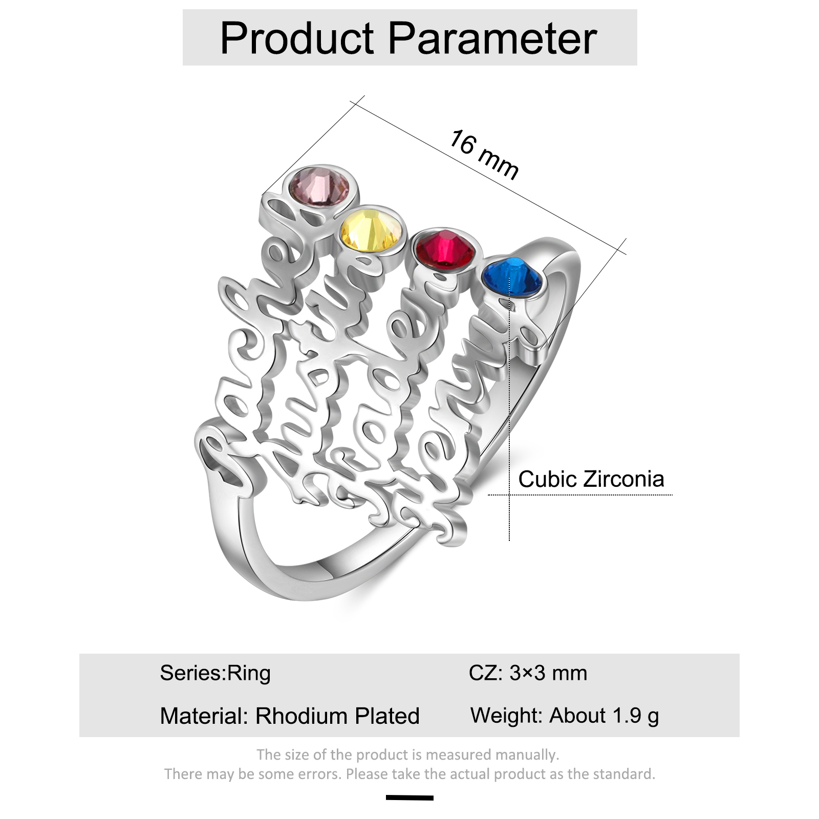 Bague 4 Prénom Personnalisé avec 4 Pierre de Naissance