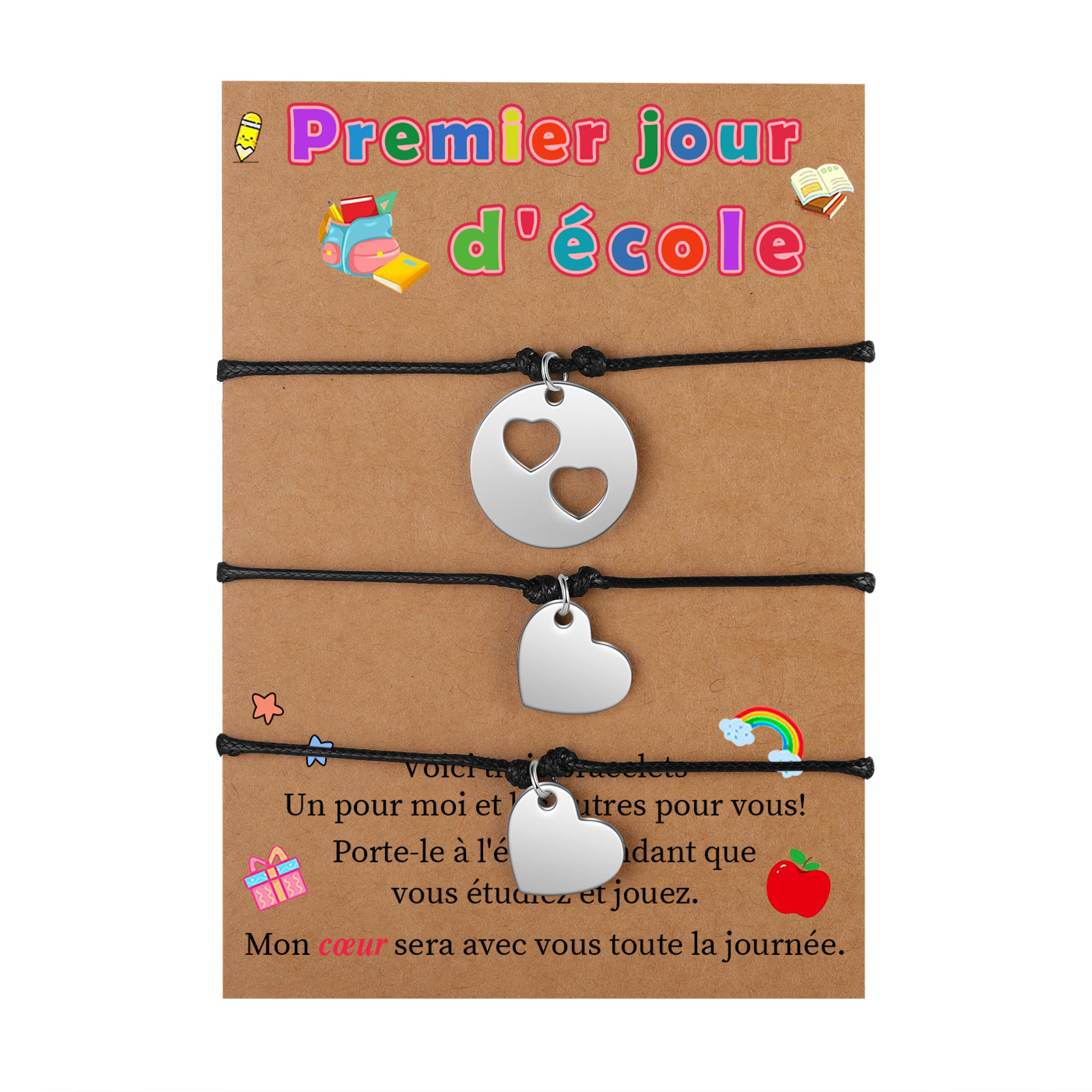 Jessemade FR 3PCS Ensemble de Bracelets Cœur - Cadeau Rentrée Scolaire Premier jour d’école