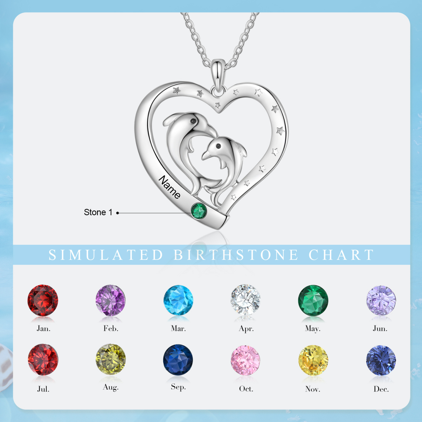 Collier Pendentif Cœur et Dauphin 1 Prénom Personnalisé avec 1 Pierre de Naissance