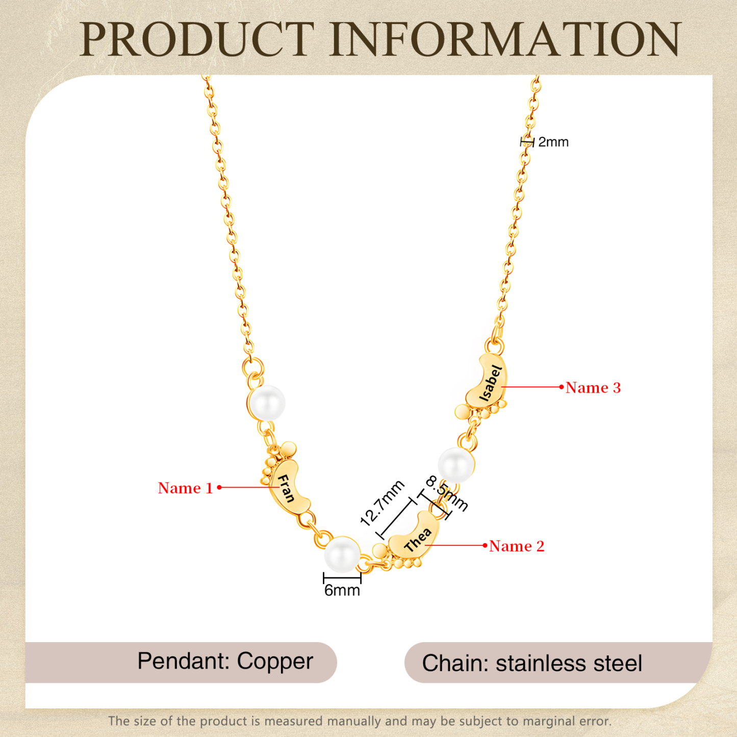 Collier Pieds Bébé et Perles 3 Prénoms Personnalisés Collier Femmes