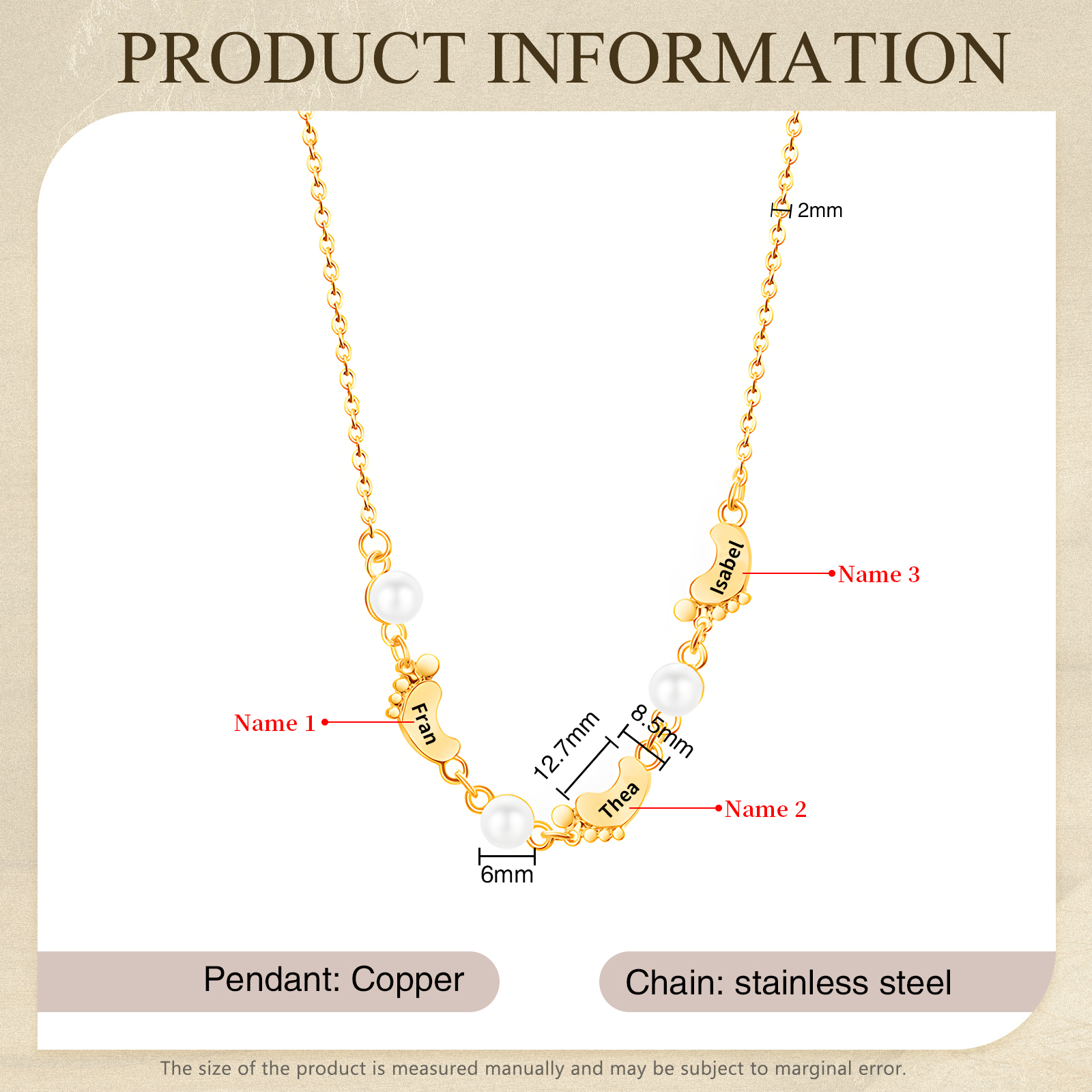 Collier Pieds Bébé et Perles 3 Prénoms Personnalisés Collier Femmes