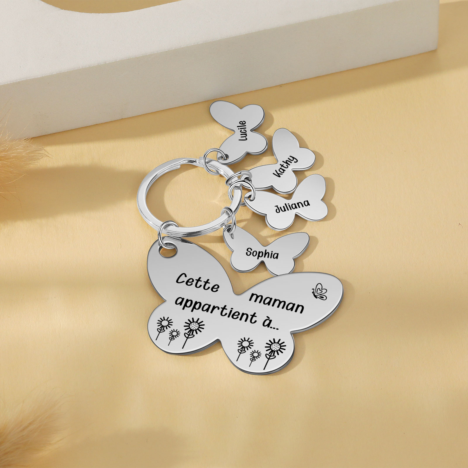 À Maman/Mamie - Porte-Clés Papillon 4 Prénoms Personnalisés avec Texte 