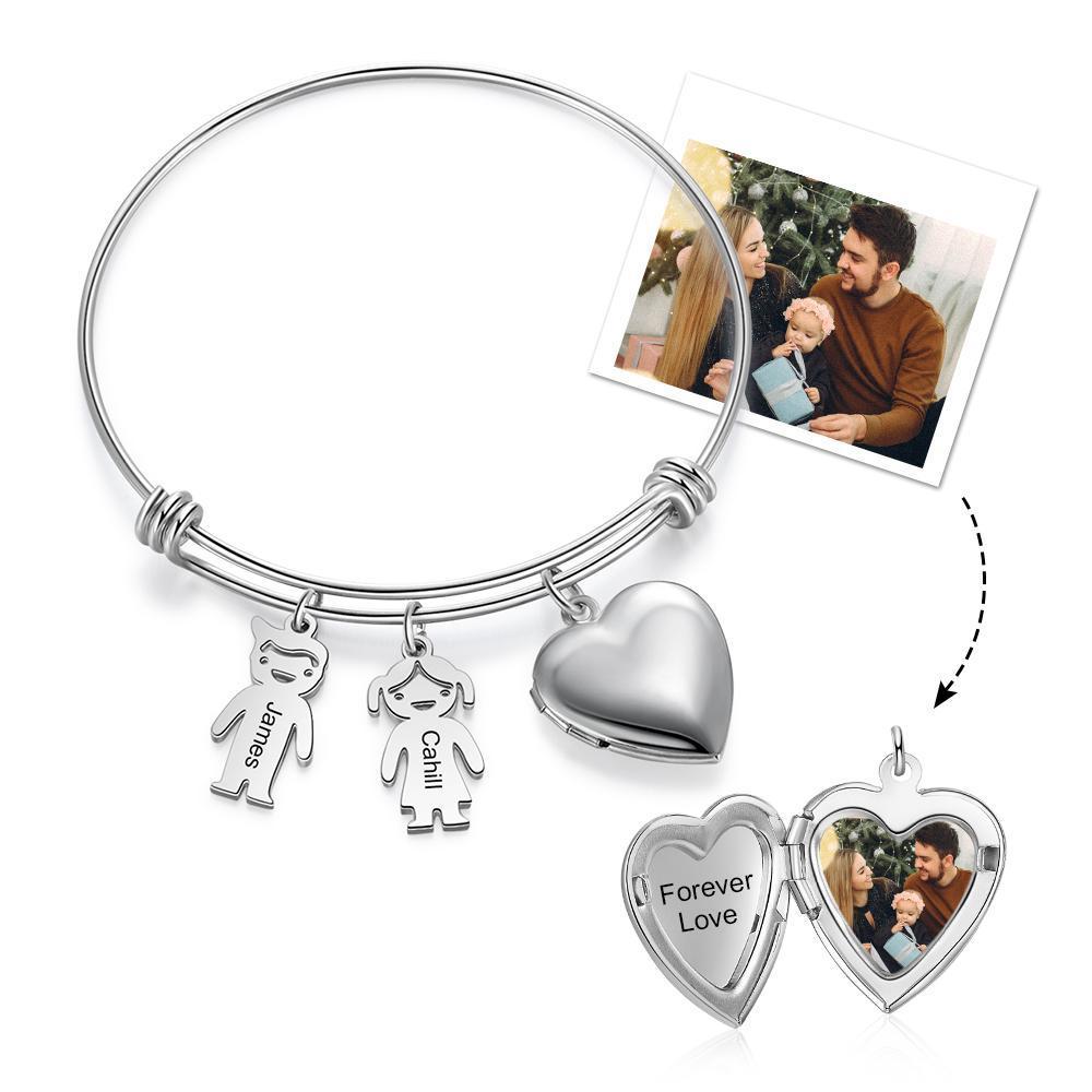 Bracelet Photo Personnalisé Coeur Avec 2 Enfants Breloques