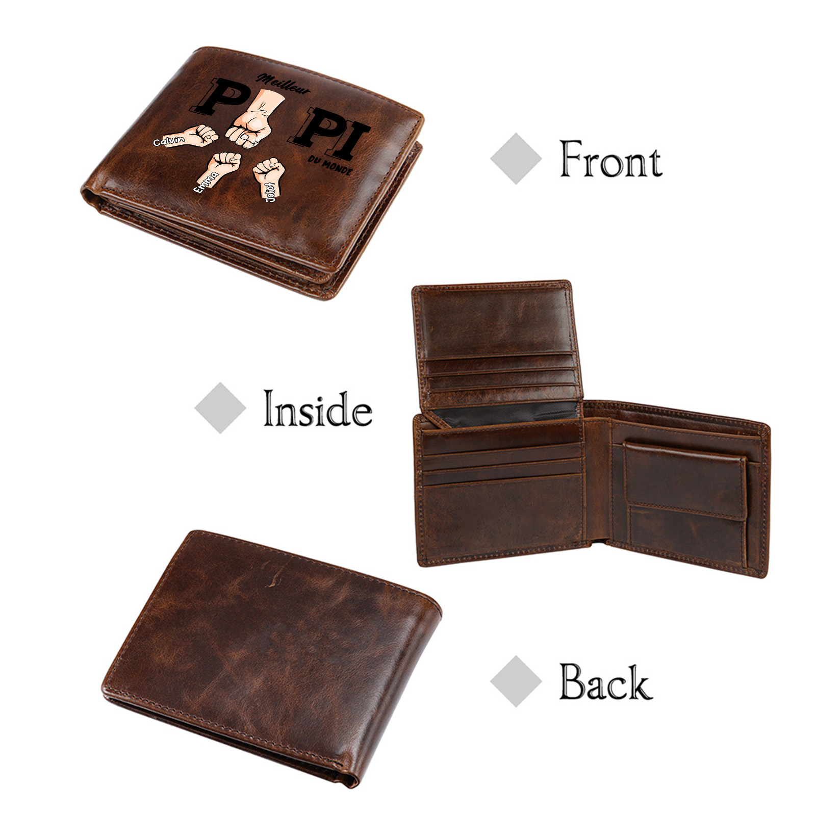 Portefeuille Personnalisé en Cuir Véritable avec Prénoms – Meilleur Papi/Papa du Monde