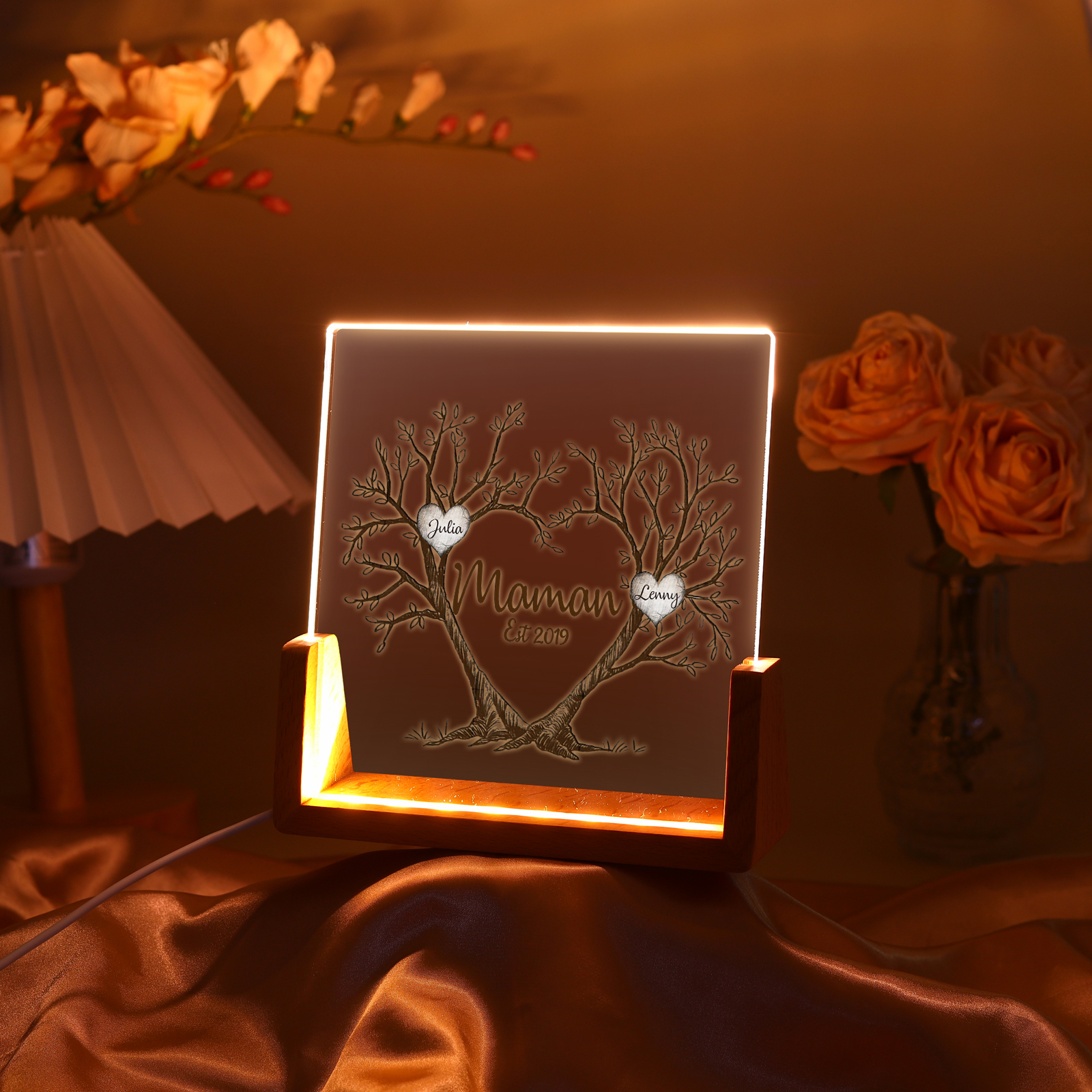 À Maman/Mamie - Lampe de chevet LED Arbre de Vie 2 Prénoms Personnalisés avec Texte et Date pour Famille