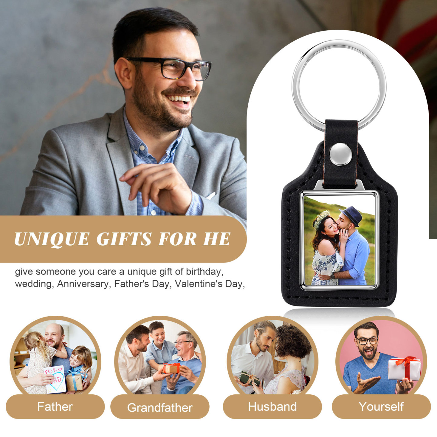 Porte-Clés Cuir PU Rectangle Photo Personnalisée Porte-Clés Homme