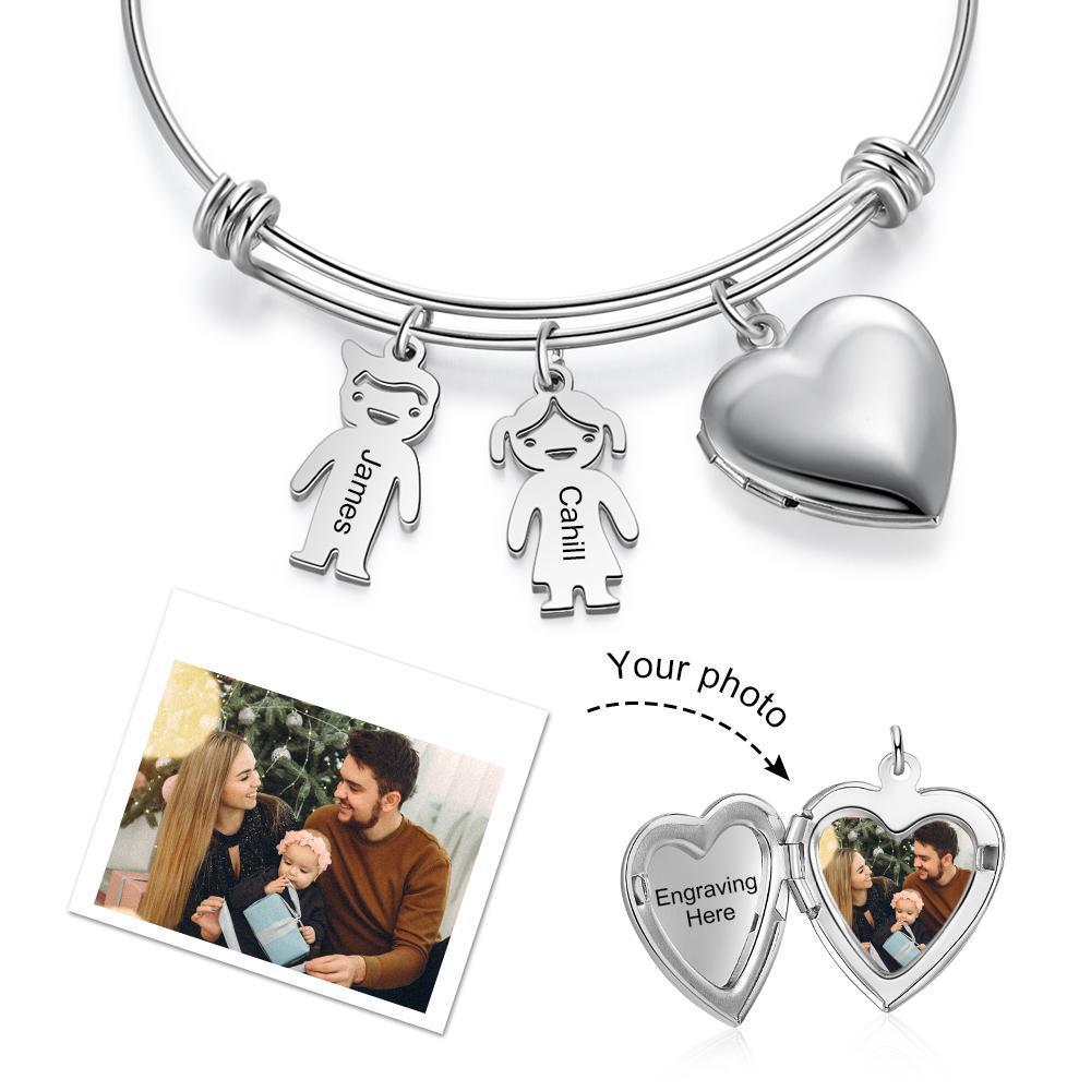 Bracelet Photo Personnalisé Coeur Avec 2 Enfants Breloques