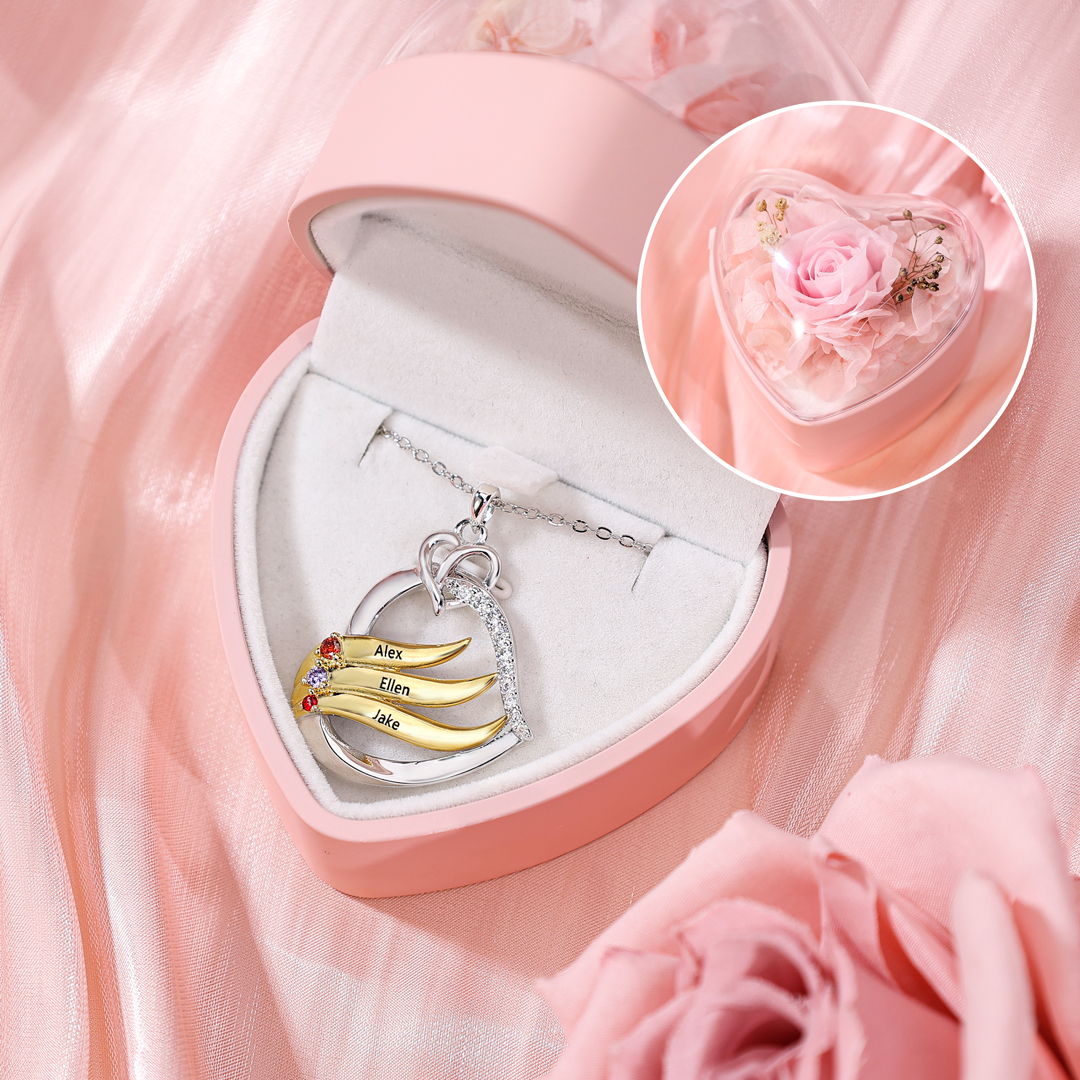 Collier Pendentif Cœur et Ailes Collier Personnalisé avec 3 Prénoms et Pierres de naissance pour Femme|Jessemade