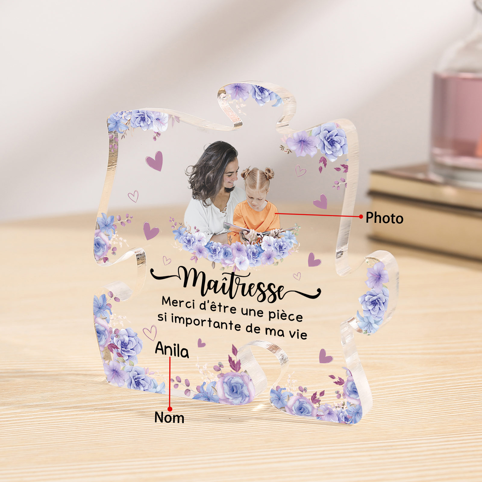 À Ma Maîtresse - Plaque Acrylique en forme de Puzzle Prénom et Photo Personnalisés