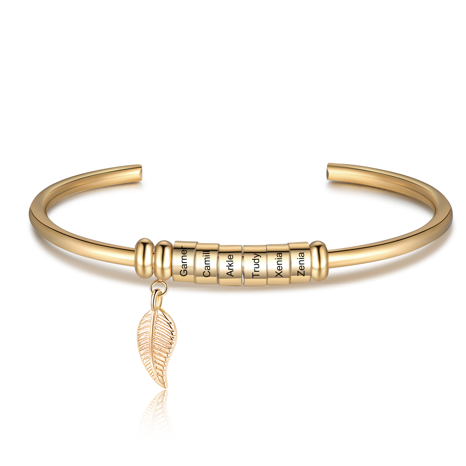 Bracelet jonc breloque feuille 6 prénom personnalisé