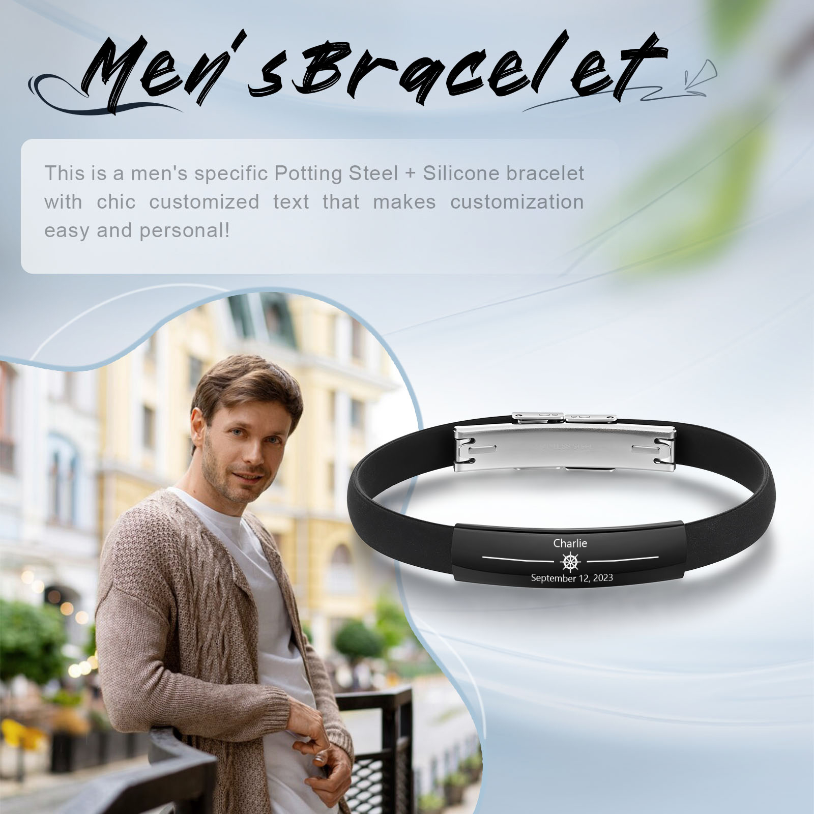 Bracelet Cuir 1 Prénom et Date Personnalisés pour Homme