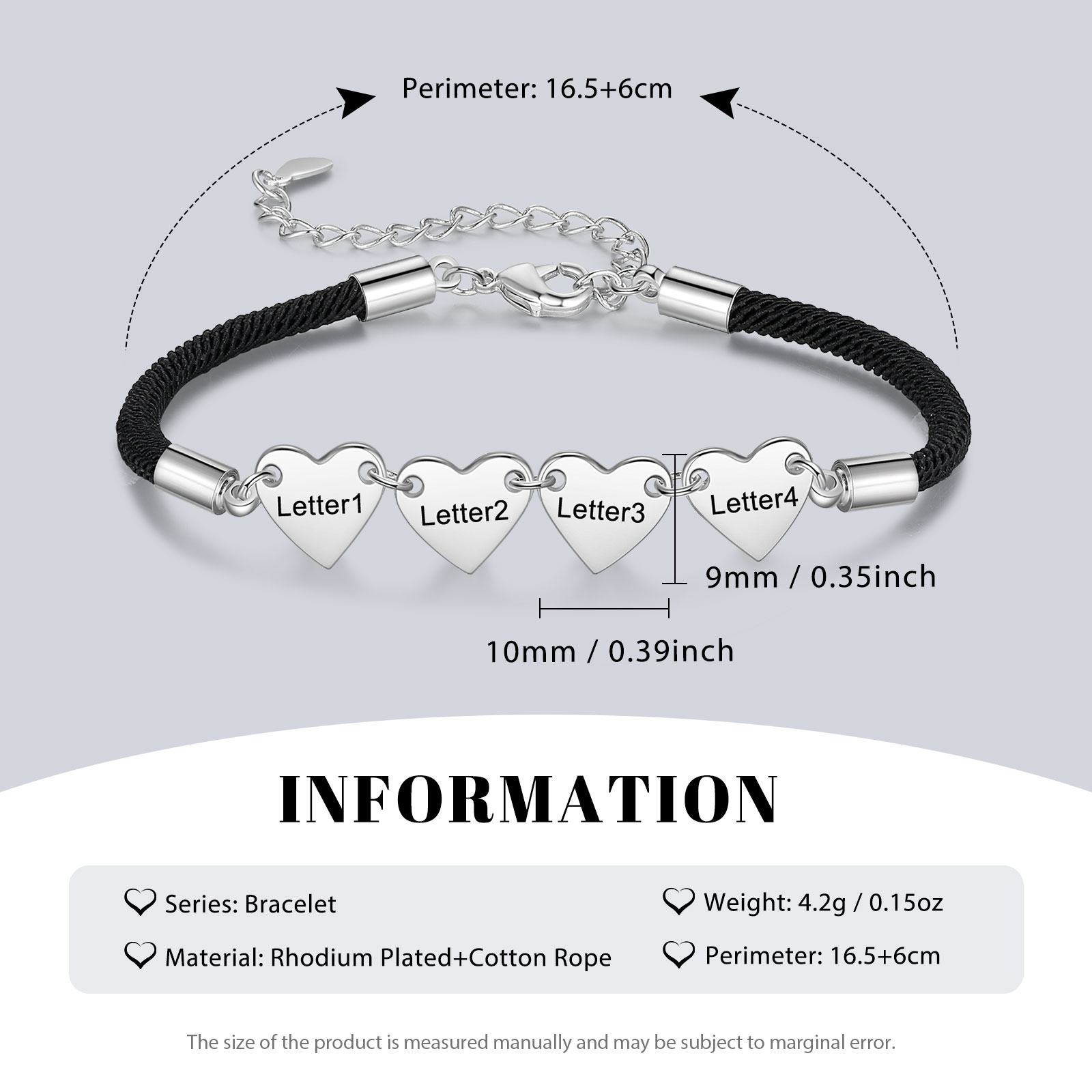 Bracelet Initiale Cœur 1-4 Lettres Personnalisés｜Jessemade