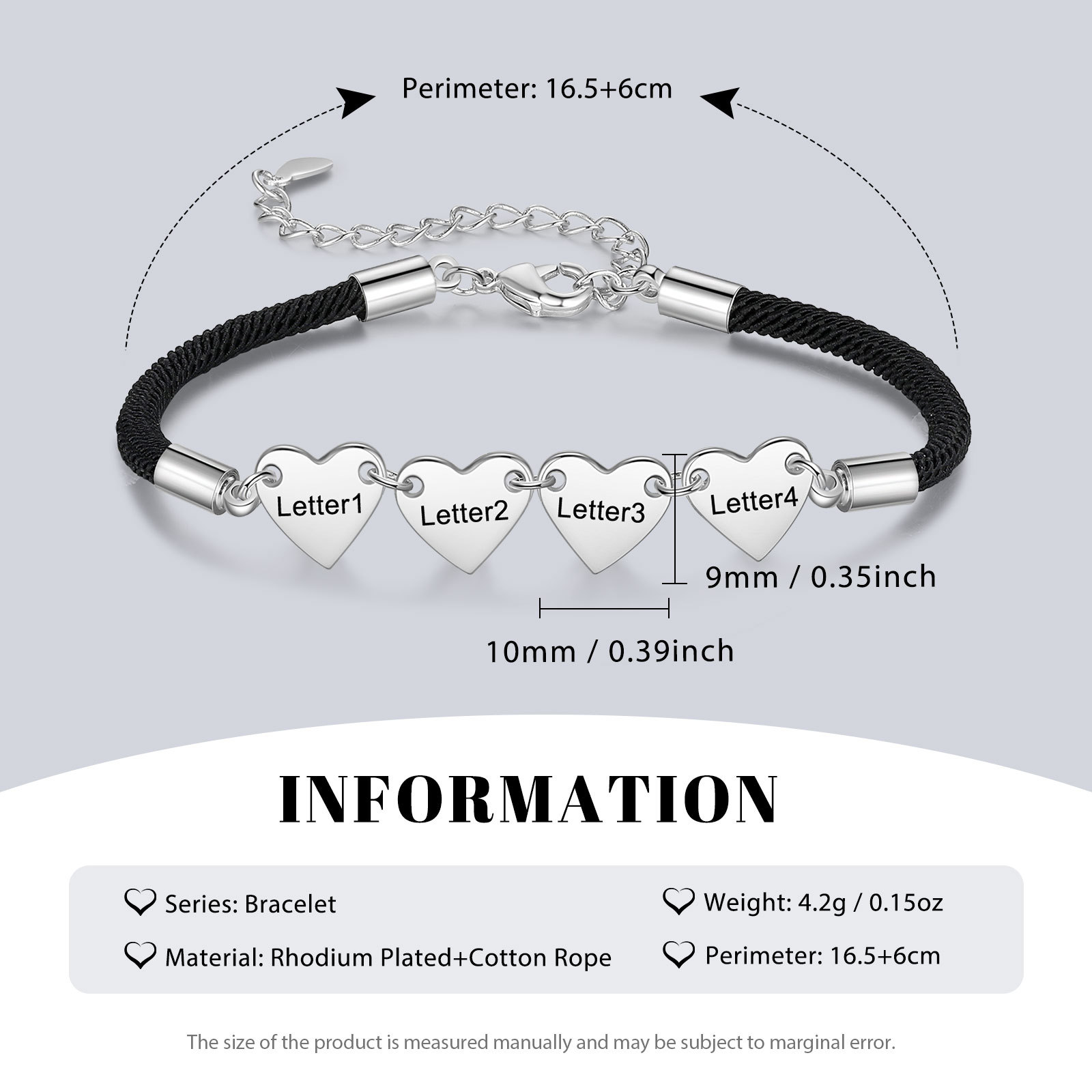 Bracelet Initiale Cœur 1-4 Lettres Personnalisés｜Jessemade