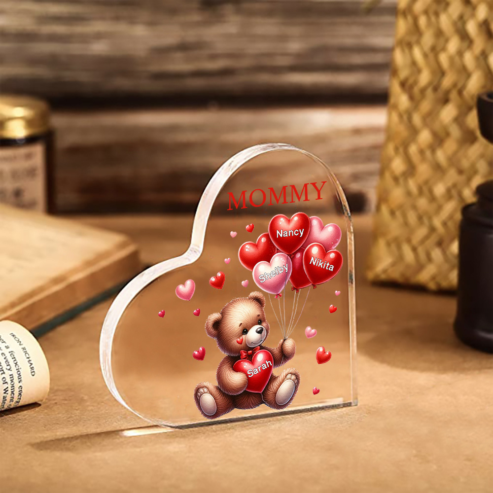 À ma Maman/Mamie - Plaque Acrylique en Forme de Cœur Ours 4 Prénoms Personnalisés avec 1 Texte