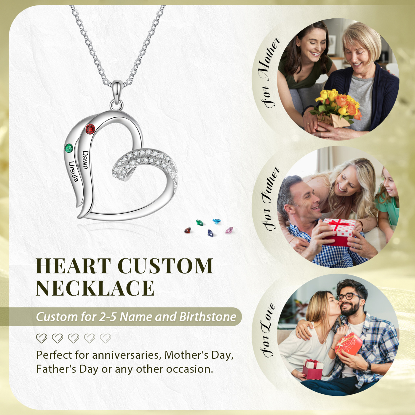 Collier Coeur 2 Prénoms Personnalisés avec Pierre de naissance pour Femmes|Jessemade
