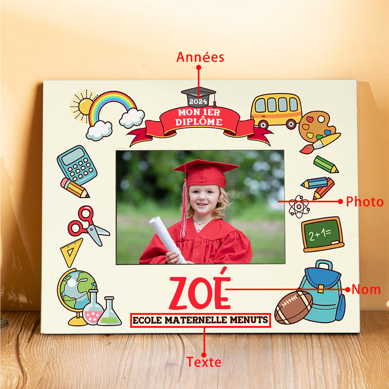 Cadre en Bois Diplômés de la Maternelle Prénom et Photo Personnalisés avec Année et Texte Cadeau pour Enfants