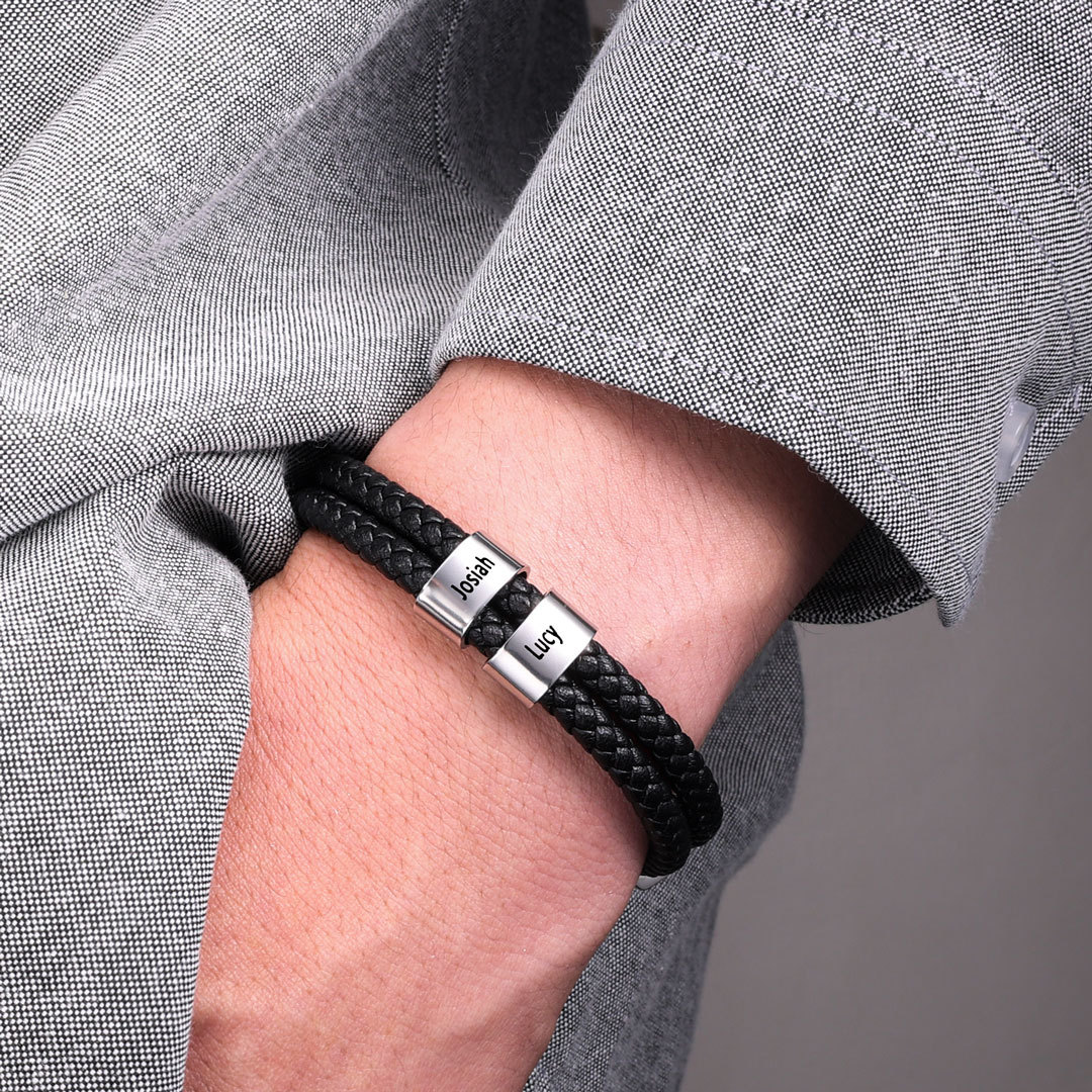 Bracelet Cuir tressé 2 Prénoms Personnalisés Bracelet Homme