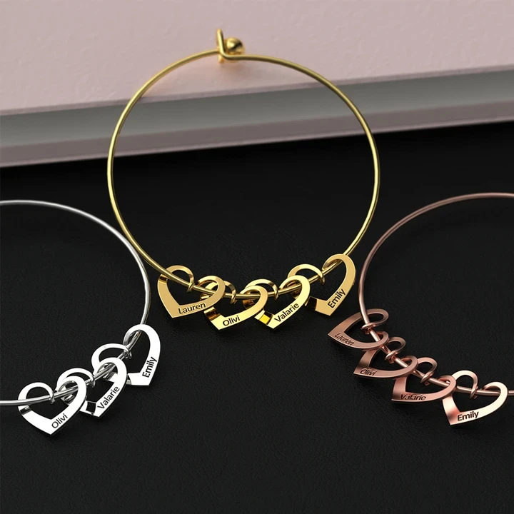 Bracelet Prénoms Personnalisés avec 2 Cœurs Breloques