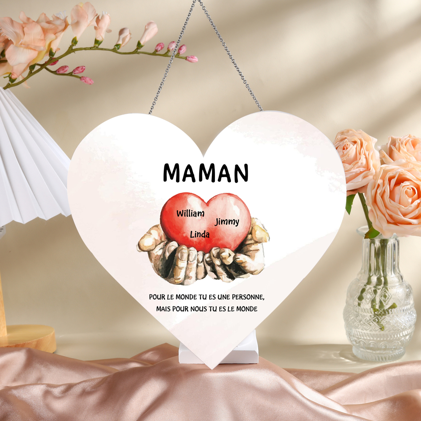 À Maman/Mamie - Veilleuse Cœur Décoration Mains et Cœur 3 Prénoms Personnalisés avec 2 Textes