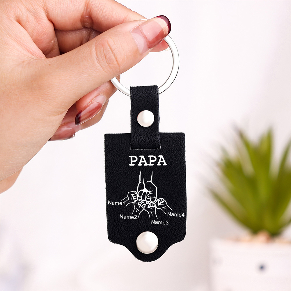 À mon Papa - Porte-Clés Cuir Poings 4 Prénoms Personnalisés avec Photo et Texte