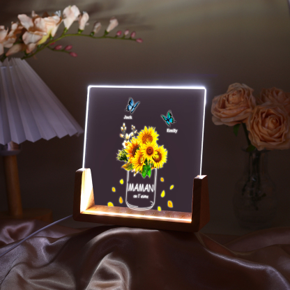 À Maman/Mamie - Lampe de chevet LED Tournesol 2 Prénoms Personnalisés avec 2 Textes pour Famille