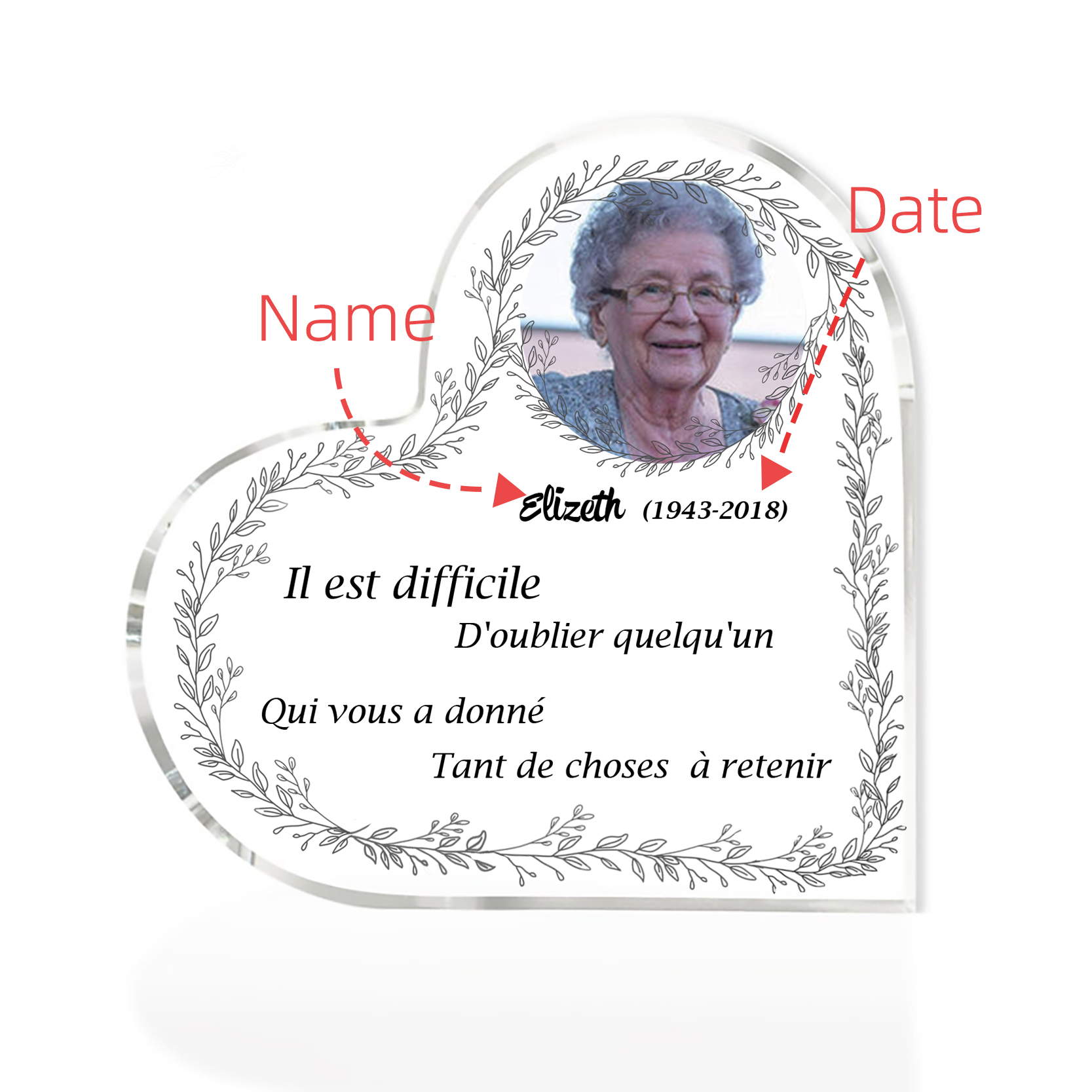 Plaque Acrylique Commémorative en Forme de Cœur Plaque Funéraire 1 Prénom Personnalisé avec Années
