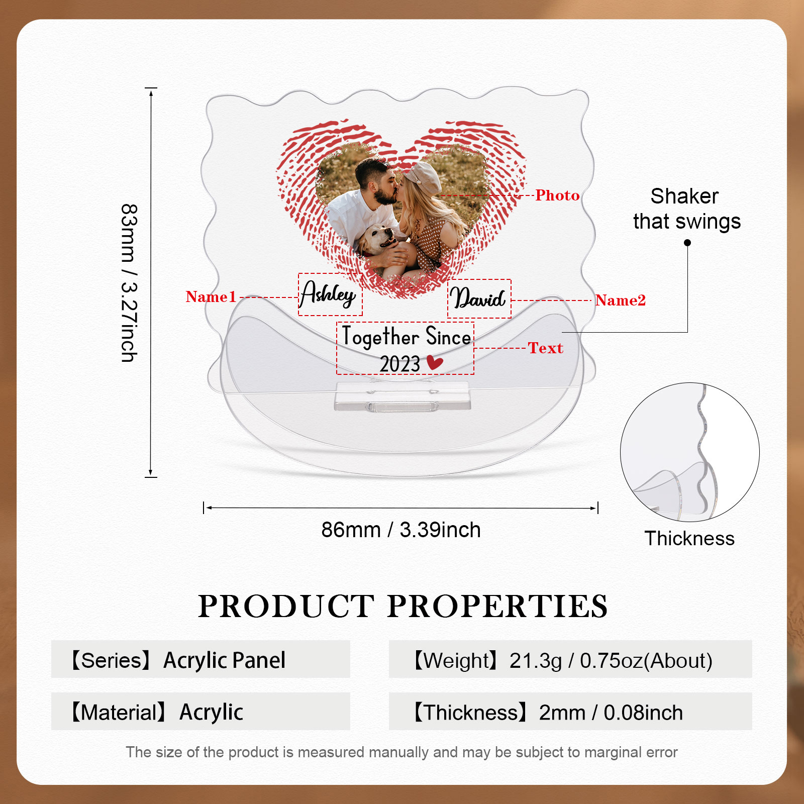 Ornements Panneau Acrylique 2 Prénoms et Photo Personnalisés avec Texte pour Couple