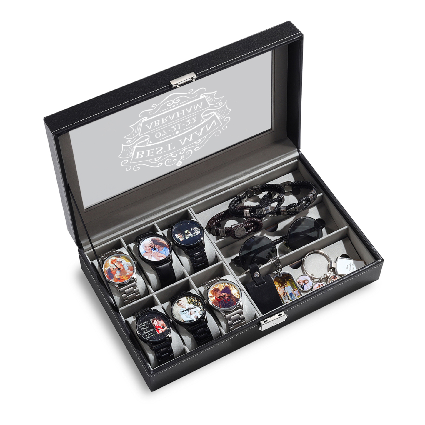 Boîte à Montre et Bijoux 3 Textes Personnalisés Coffret Cadeau pour Hommes